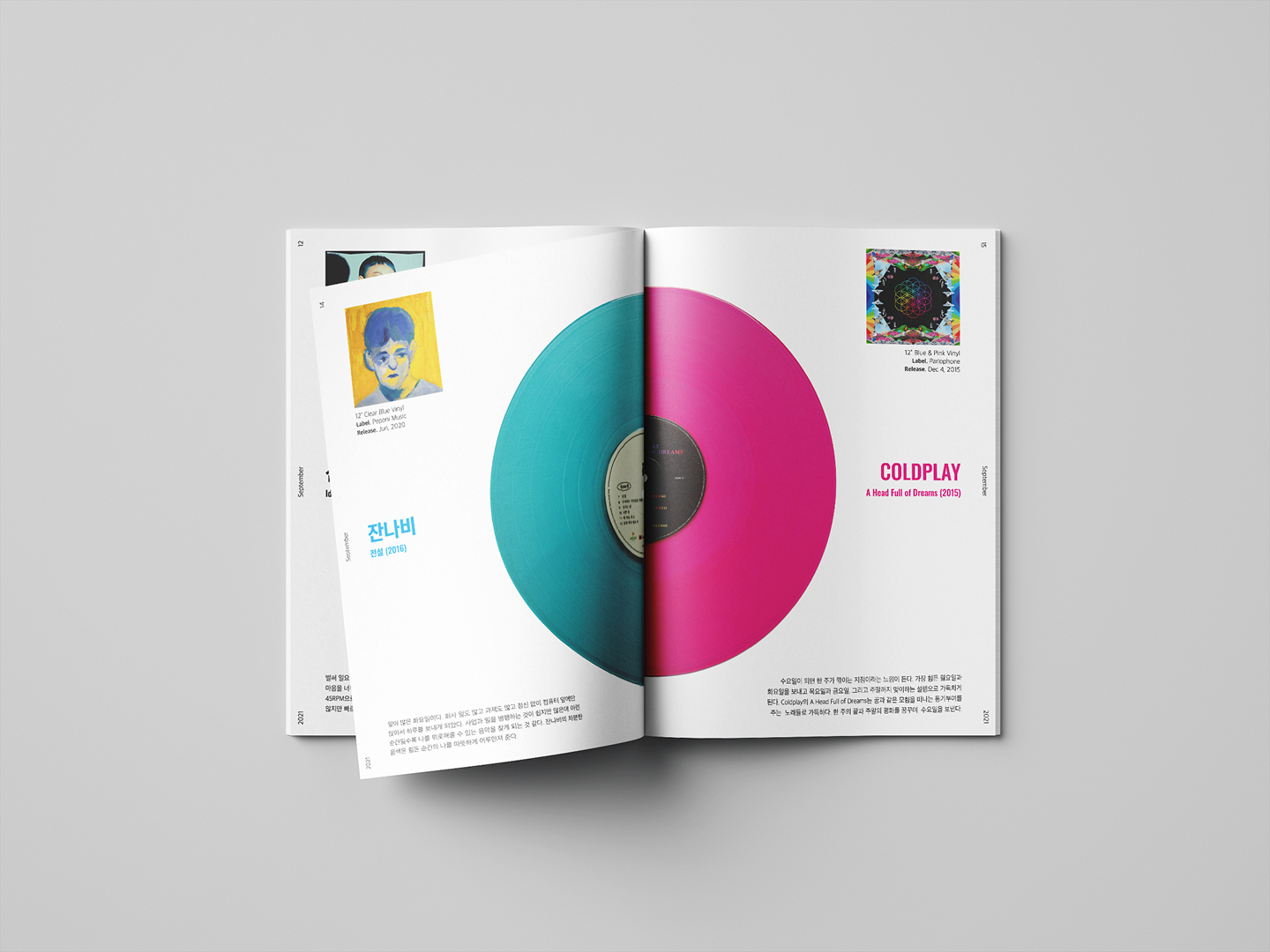 Inner spread, pages 14 and 15, of A Week of Vinyl Records